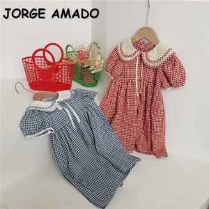 Estilo Coreano Verão Crianças Meninas Vestido Azul Vermelho Manta Curta Sleeve Sleeves Peter Pan Collar Crianças Roupas 2-7 Anos E027 210610