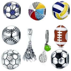 925 Sterling Silver Fotboll Pärlor Blå Kristall Sport Volleyboll Charms För Europeisk Armband Halsband DIY Smycken Tillbehör