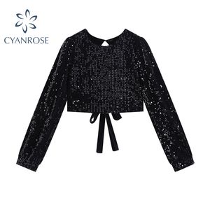 Camicette e camicie sexy con paillettes per le donne Fasciatura senza schienale Manica lunga Party Club Brillante Bling Top nero Elegante Blusas 210417