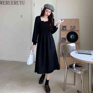 WERUERUYU Autumn Winter Dresses Woman Fashion Christmas Gift Wear White Flare Sleeve Cute Sweet Little Black Dress 210608