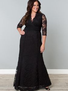 Elegante V Pescoço Rendas Mãe da Noiva Vestidos Piso Comprimento 2022 Três Quartos Sleeves Cintura Empire Plus Size Noivo Mãe Prom Noite Vestidos De Casamento Vestido