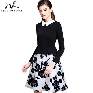 Bom para sempre retro preto e branco Floral virada colarinho vestidos casuais A-Line Mulheres Flared Dress Btya027 210419