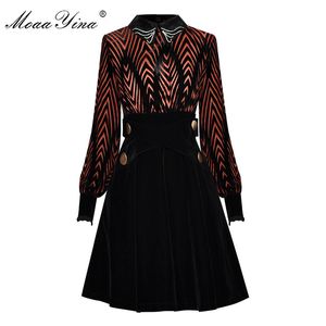 Fashion Designer dress Spring Autumn Women's Dress turn-down collar Beaded Lantern Sleeve Stripe Velvet Dresses 210524