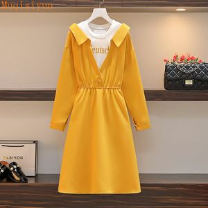 Frühling Herbst Frauen Gelb Hemd Kleid Koreanische Stil Mode Druck Baumwolle Patchwork Langarm Knielangen A-Linie Kleider 210428