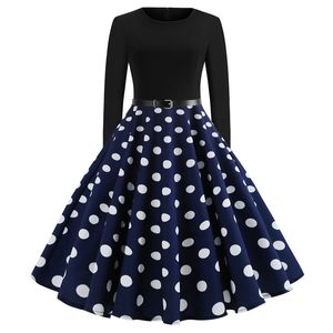 Herbst Neue Red Dot Neue Frauen Retro Rundhals Druck Langarm Große Schaukel Kleid Plus Größe Casual Weihnachten robe 210422