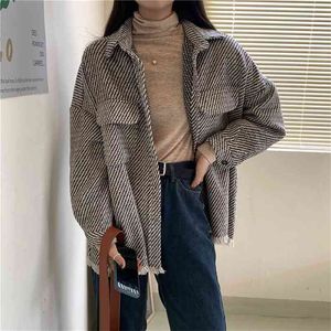 가을 복고풍 houndstooth 셔츠 빈티지 술 느슨한 야생 긴 소매 재킷 캐주얼 스트리트 레이디 outwears 210510