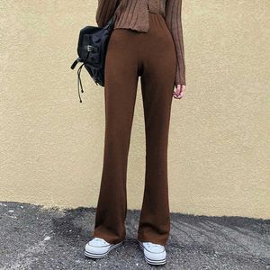 Women Pants Brown Elastic Waist Flare Pants Clothing Women Bottoms 2021 Slacks Vintage Casual Loose Trousers Sweatpants Joggers Q0801