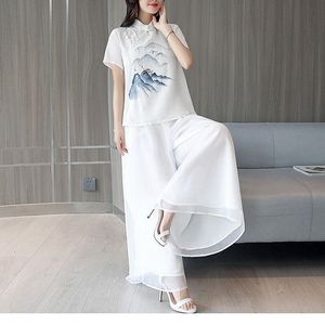 Camisa do bordado do verão + calças Qipao terno para mulheres Modern Chinês Roupas Tradicional Mandarim Collar Cheongsam Top Calças Set X0428