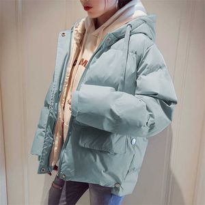 Women Candy Colors Winter Hooded Puffer Jacket Female Loose Long Sleeve Coat Harajuku Warm Oversize Parkas Pink White Blue 211216