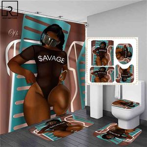 Черные афроамериканцы женщины печатают душевые занавески набор водонепроницаемый ванная комната шторы противоскользящие мягкие коврики ванны туалетные коврики туалетки 210402