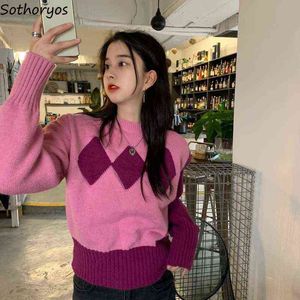 Kvinnor Pullover Argyle Pattern Loose Casual Sweater Stickad Fashion Vintage Student All-Match Koreansk stil ulzzang söt chic ny y1110