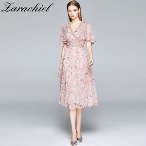 Summer Pink Fairy Women Elegant V-neck Lotus Leaf Sleeve Flower Printed Chiffon Female Lace Hollow Out Party Dress 210416