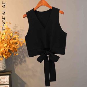 Sweet Striked Black Waistcoat Kvinnors Vår V-Neck Bow Slips Ärmlös Minimalistisk Pullover Vest Kvinna 5B660 210427