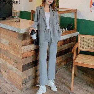 Autumn Korean Houndstooth Women Blazer Pants Suit Sets Stylish Asymmetrical + Outfits Office Ladies s 210513