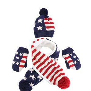 Christmas Gift Unisex kids American UK Flag design knitted hat scarf glove set Thick Wool Lining 3pcs suit Warm Set3