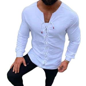 メンズカジュアルシャツソリッドカラーファッションシャツ長袖ブラウス男性服サマートップトッププルオーバー襟のない白い包帯ブラッセマン
