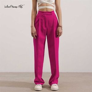 Mnealways18 Elegant Rose Pink Ladies High Waisted Plisserade Byxor Zip Wide Legs Pants Kvinnor Våren Snygg Kvinna 211115