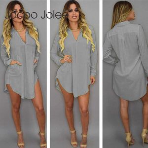 Jocoo Jolee Women Fashion V Neck Irregular Chiffon Shirt Dress Casual Solid Long Tops Spring Long Sleeve Loose Blouse Plus Size 210619