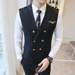 Dress Vests For Men Epaulet Air Less Vest Double Breasted Work Uniform Waistcoat Suits Casual Slim Fit Gilet Homme 5XL 210527