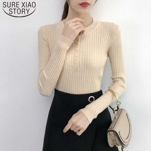 Winter Slim Elasticity Solid Round Neck Knitted Long Sleeve Women Shirts Autumn Women Sweaters Women Clothes Button 7577 50 210527