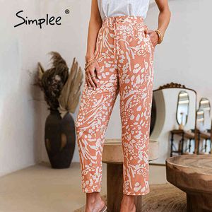 Causal Print Elastic feriado solto pernas largas lace up calças mulher moda cintura alta calças de verão 210414