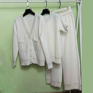 Piccolo profumo elegante lavorato a maglia 3 pezzi set autunno inverno moda donna cardigan + pullover manica corta top + pantaloni larghi 210416