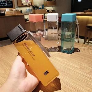 Food Grade PP Water Bottles 6 Colors Transparent Square Cup Cold Juice Sports with Portable Milk Rope Sport Xu 0221