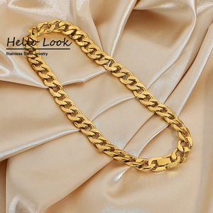 Helook Hot 12mm Large Flat Curb Necklace 18K Gold StainlSteel Hip Hop Rock Thick Miami Cuban Chain Necklace X0509