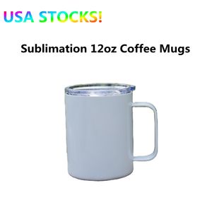 LOKALT LAGER Sublimation 10 oz kaffemuggar Tumblers med handtag skjutlock Rostfritt stål dubbelvägg isolerade Vakuum Blanks Bilkoppar Värmeöverföring Utskrift