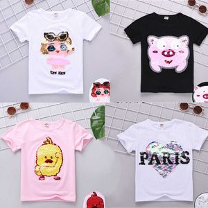 Lato Bawełna Dziewczyny Dziewczyny T Koszula Topy Tees Casual Moda Krótki Rękaw Zmień Kolor Cekin T-Shirt Dzieci Ubrania Dziewczyna Tshirt 210713