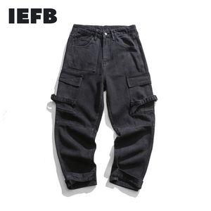 IDEFB Męskie Noszenie Wiosna Fahion Balck Jeans Mężczyzna Causal Cargo Spodnie Zipper Big Kieszenie Luźne Spodnie ze wstążką 9Y847 210524