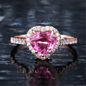 Anéis das mulheres Jóias de cristal Natural rosa cor-de-rosa coração anel de amor rosa banhado a ouro conjunto de diamante solto para estilos de banda feminina