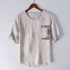 864 새로운 여름 남자 티셔츠 린넨 격자 무늬 반팔 O 넥 트렌드 간단한 캐주얼 느슨한 남성 풀오버 청소년 탑스 티셔츠 H1218