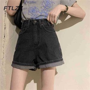 Koreanska denim shorts mode kvinnor hög midja knapp korta jeans byxor för vintage streetwear 210525