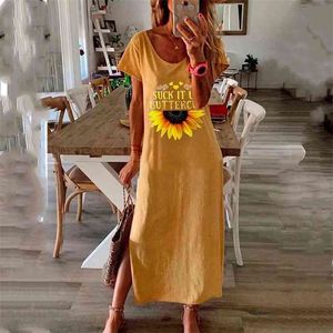 Women Vintage Cat Daisy Print Summer Dress Elegant O Neck Short Sleeve Party Ladies Fashion Slit Long es Vestido Robe 210517