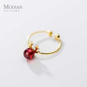 Cute Antlers Red Crystal Ring for Women 925 Sterling Silver Free Size Animal Elk Pattern Fine Jewelry Christmas Gift 210707
