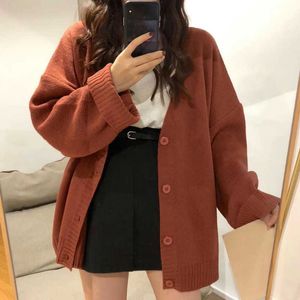 Cardigan Women Full Sleeve V-neck Solid Button Oversize Retro Lazy Students Korean Style Fashion All-match Simple Sweater Female 210922