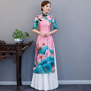 Roupas étnicas Outono Mulheres qipao Botão Vintage Cheongsams Impressão Sexy Dress Chinês Vestido Clássico Mandarim Collar Celebridade Vestidos Improv