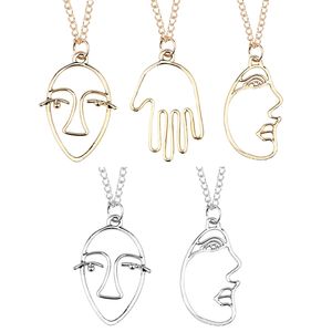 Trendy Abstract Hand Face Pendant Necklaces Metal Hollow Facial Contour Silhouette Hand Statement Necklace Women Choker Colar Y0301