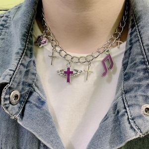 Anhänger Halsketten Mode Lila Schmetterling Kreuz Musikalische Anmerkung Flügel Für Frauen Vintage Metall Halskette Y2k Schmuck er Jahre Geschenk