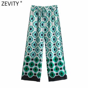 Women Vintage Geometric Print Elastic Waist Casual Wide Leg Pants Retro Female Chic Color Match Long Trousers P1085 210420
