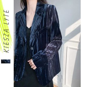 Jaqueta de veludo azul primavera moda manga longa escritório blazer terno mulheres jaquetas outerwear high street 210608