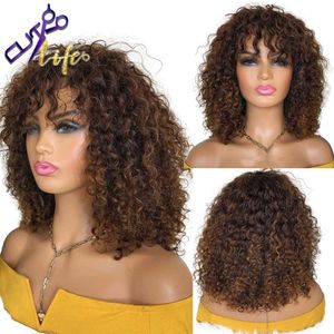 Short Bob Curly Wig Natural Human Hair Wigs for Black Women Kinky No Lace Ombre Color Cheap Wig with Bangs Brazilian Cutlife S0826