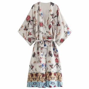 Floral Print Kontrast Hem Casual Beach Wear Mid Length Kimono SHIRTS Sommar Fashion Self-Belted Kvinnor Lång Blusar 210604