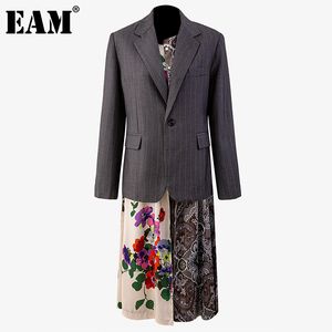 [EAM]女性偽2グレー印刷長い大きなサイズのブレザーラペル長袖ルースジャケットファッション春秋1DD6930 21512