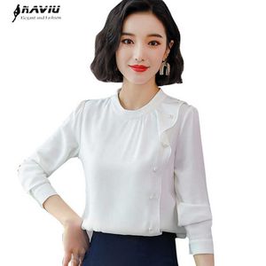 Autumn Women Ruffles Long Sleeve Fashion O Neck Bottoming Chiffon Blouses Office Ladies Temperament Work Tops 210604