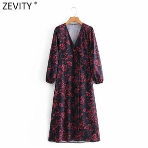 Frauen Elegantes Kreuz V-Ausschnitt Blumendruck Lässiges Midikleid Weibliche Langarmknöpfe Kimono Vestidos Partykleider DS4798 210416