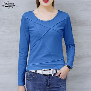 Autumn Plus Size Long Sleeve Shirt Women Cotton O-neck Slim T-shirt Casual Solid Korean Office Lady Clothes 10713 210521