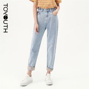 Toyouth Kvinnor Jeans Höstvalp Broderad Print Hög Midja Plaid Stitching Contrast Färgade Fritid Denim Pants 210809