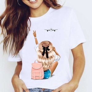 Mulheres gráfico férias viajar férias doce tendência bonito impressão desenhos animados senhora roupas tops t-shirt fêmea t-shirt x0527